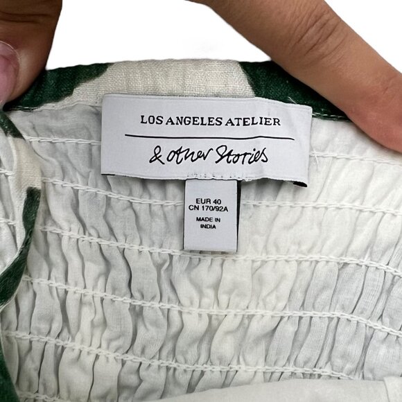 And Other Stories Leaf Print Linen Mini Babydoll Dress Green 10 Resort Coastal - Picture 7 of 11